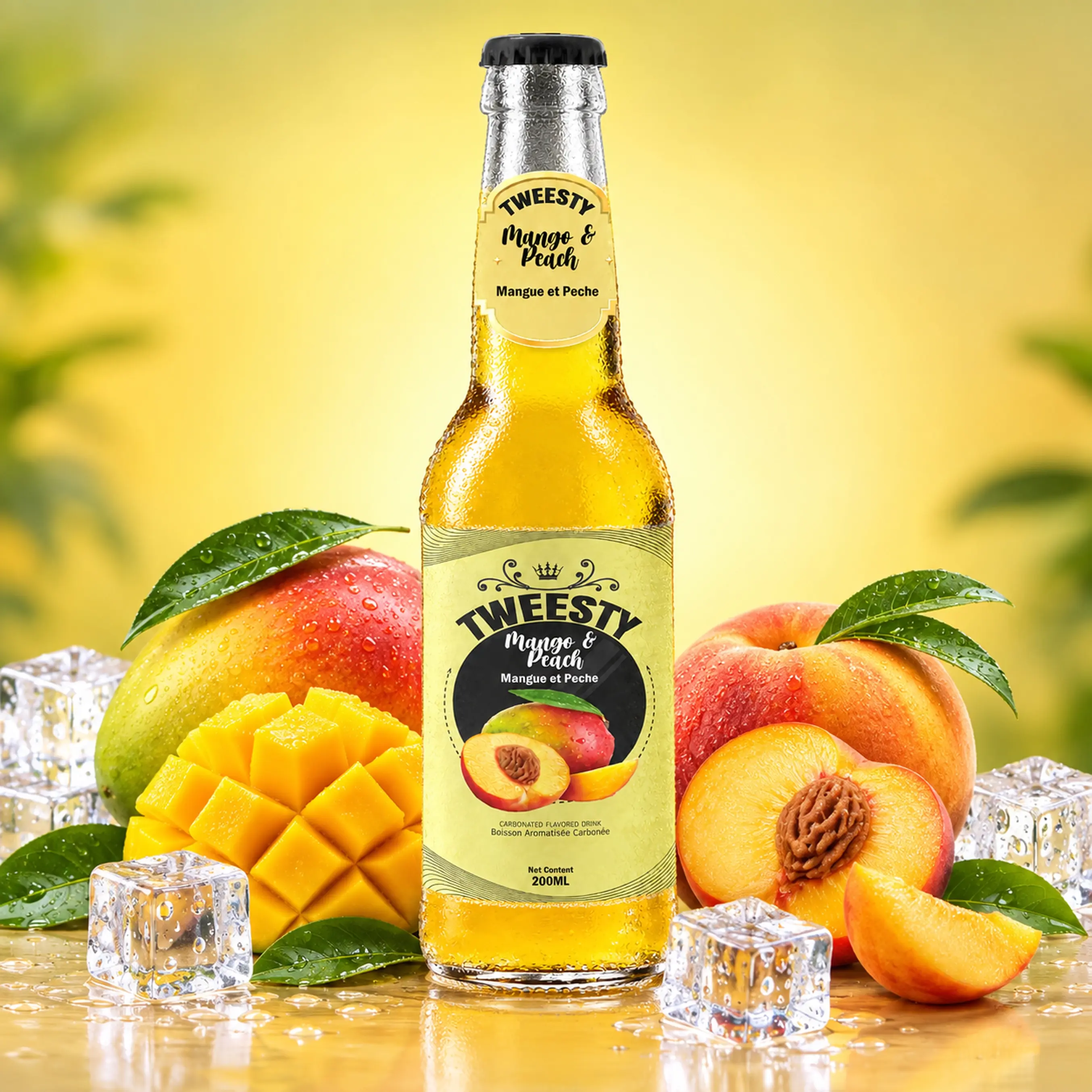 TWEESTY Mango Peach carbonated flavoured drink 200ml glass bottle with mango, peach and ice